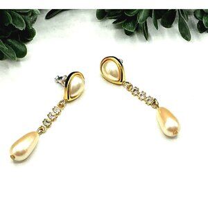 Elegant Pearl Drop Earrings With Crystal Accent Stones and Gold Tone